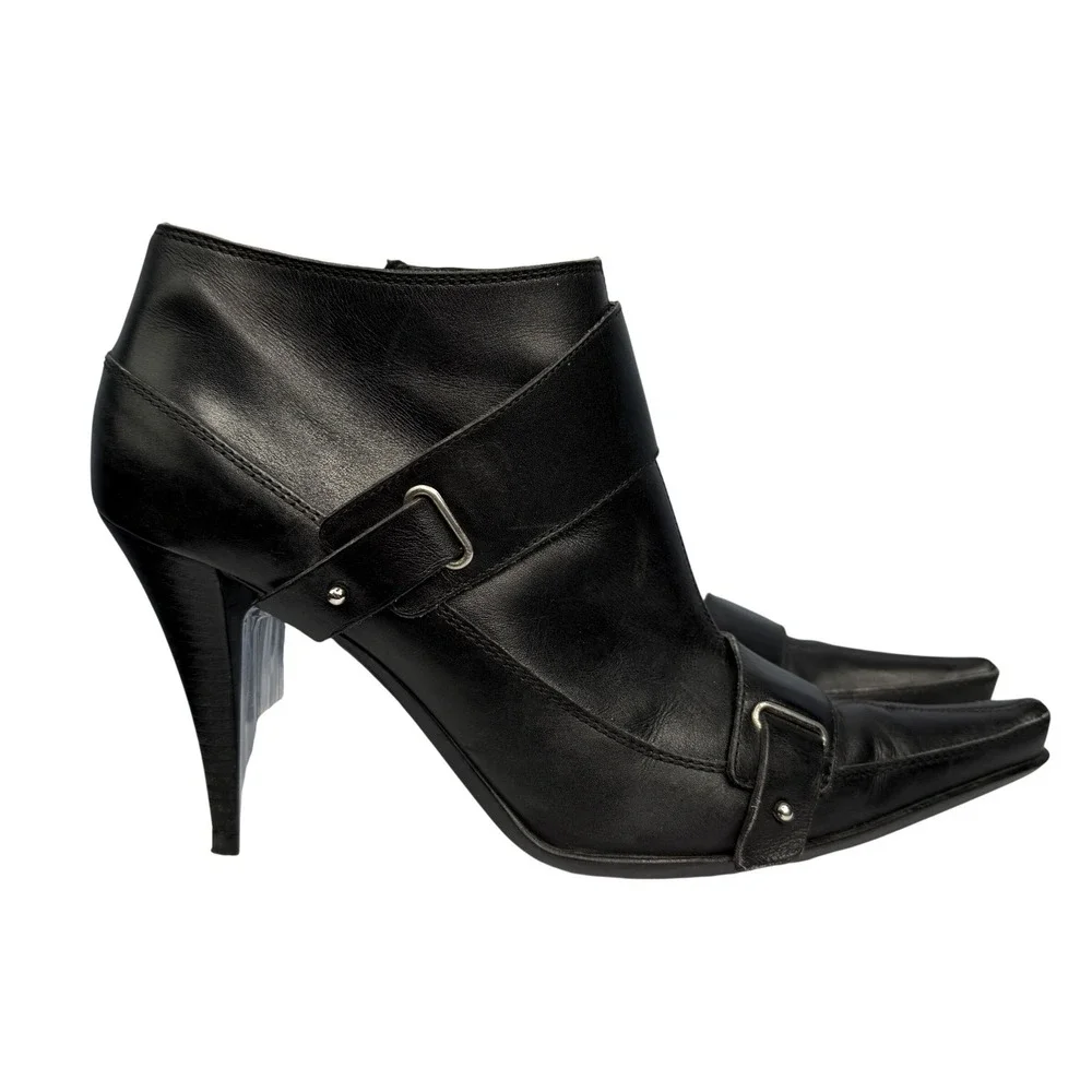 Sergio Rossi Black Leather Pointed Toe Buckle Ankle Boots Heels Size 9 US